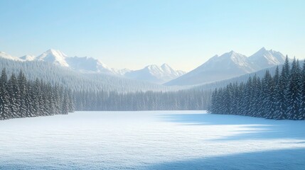 A vast winter landscape with snow-covered mountains on the horizon, a dense pine forest in the foreground, and a blanket of fresh snow across the ground. 