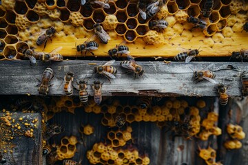 Poster - Honey bees crawling and working on a wooden beehive frame