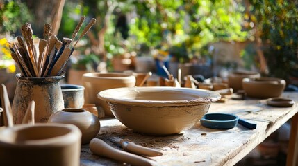 Poster - Perfectly set up pottery tools in a tranquil garden studio, pottery wheel and clay neatly arranged on a wooden table, Artisan crafting style