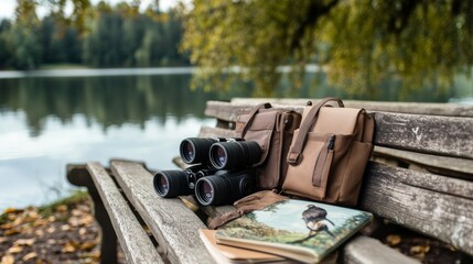 Poster - Precisely arranged bird-watching gear at a peaceful lakeside, binoculars and guidebooks set up on a wooden bench, Lakeside observation style