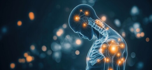 Poster - Human anatomy visualization with glowing neural connections, showcasing skeletal structure and muscle highlights, dark background with abstract lights