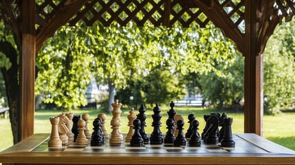 Poster - Precisely arranged chess set in a quiet park gazebo, chess pieces and board set up on a table, Classical game style