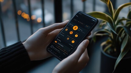 Poster - A person holding a smartphone displaying a dark-themed app interface with plant in background.