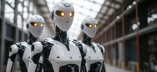 Poster - Robots in industrial setting, futuristic humanoid robots with glowing eyes, sleek design, modern warehouse environment