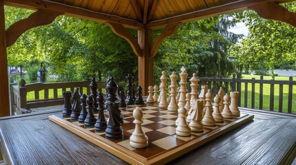 Poster - Precisely arranged chess set in a quiet park gazebo, chess pieces and board set up on a table, Classical game style