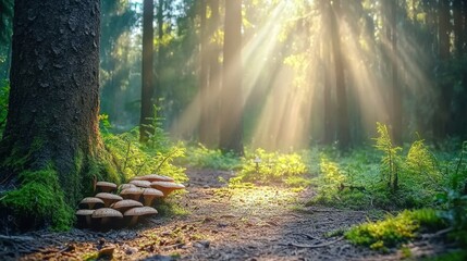 Wall Mural - Enchanted forest floor with mushrooms, sunlight filters through trees, ample room for text