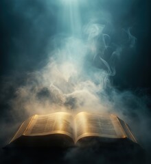 Poster - Open book with glowing pages, ethereal smoke, mystical atmosphere, light beams