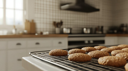 Wall Mural - A tray of freshly baked cookies cooling on a wire rack, with a kitchen setting in the background 