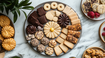 Sticker - A beautifully arranged platter of assorted cookies with different shapes and decorations on a dining table 