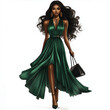 © omindu - An oil painting clipart illustration image of a teenage church going black girl wearing a forest green flowy dress, long black middle part wig, standing with a pose, nice black heels, AI Generated