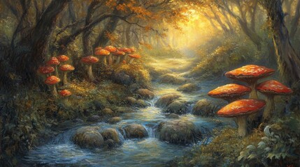 Wall Mural - Forest setting with sunlight-dappled mushrooms, ample room for text, peaceful ambiance