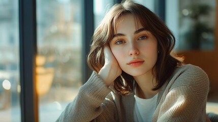 Wall Mural - Young woman in cozy sweater gazing thoughtfully out of a window in a sunlit cafe, creating a serene and contemplative atmosphere perfect for lifestyle and portrait photography.