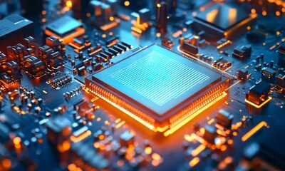 Poster - Advanced Electronics Circuit Board with Glowing Blue and Orange Lights for Modern Tech Innovation : Generative AI