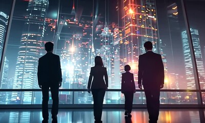 Aufkleber - A group of businesspeople walking together in a futuristic, tech-inspired cityscape at night, symbolizing progress, innovation, and the synergy of business and technology.