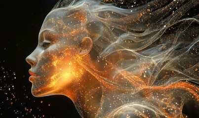 Poster - Ethereal woman silhouette with flowing hair, glowing particles, and cosmic energy effects