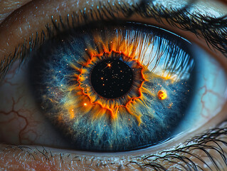 close-up of a human eye with a retina displaying a vivid, colorful image of a galaxy.