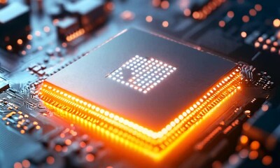 Leinwandbilder - Close up of a glowing microchip on a circuit board showcasing modern technology innovation : Generative AI