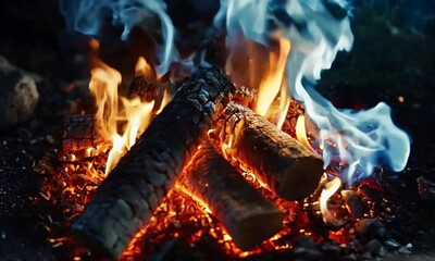 Aufkleber - Warm Campfire with Vibrant Flames Amongst Wood Logs in Darkened Surroundings : Generative AI