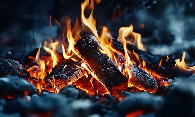 Aufkleber - Dramatic Flames on Burning Logs in a Roaring Campfire at Night Outdoors : Generative AI