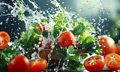 Poster - Fresh and Juicy Tomatoes and Greens Exploding with Flavor and Vibrant Colors in Kitchen : Generative AI