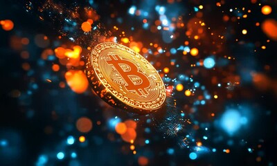 Poster - Bitcoin Cryptocurrency Gold Coin in Digital Fantasy Space with Glowing Particles : Generative AI