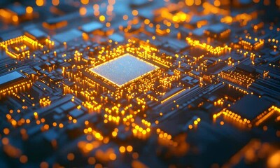 Aufkleber - FuturisticMicrochipCircuitBoardWithGlowingOrangeElementsInTechInnovationConcept : Generative AI