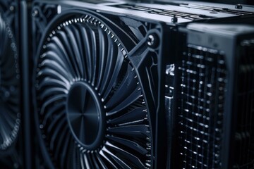 Poster - Macro shot of a computer cooling fan with heatsinks is dissipating heat