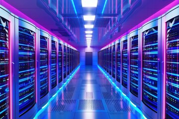 Poster - Modern data center with rows of server racks emitting neon lights