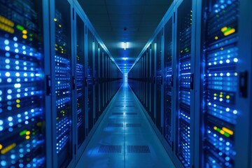 Poster - Perspective view of a server room with rows of brightly lit computer servers running and processing big data