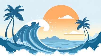 Wall Mural - Sunset Over a Crashing Wave with Palm Trees