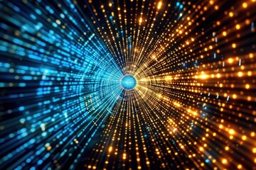 Fototapete - Abstract technology background with glowing blue and gold lights forming tunnel of binary code