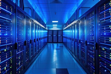 Poster - Modern data center with rows of network servers storing data