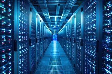 Poster - Server room data center corridor with flashing server racks
