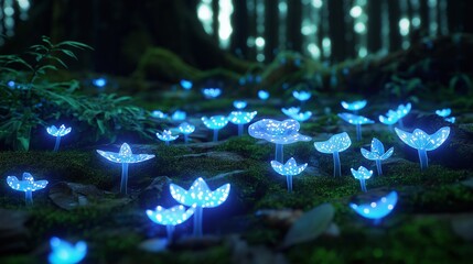Poster - Bioluminescent Mushrooms in a Dark Forest