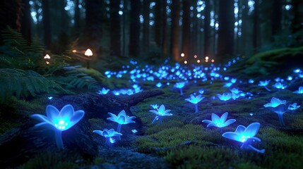 Aufkleber - Bioluminescent Mushrooms in a Dark Forest