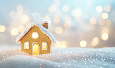 Wall Mural - charming gingerbread house in snow with festive glow and sparkles