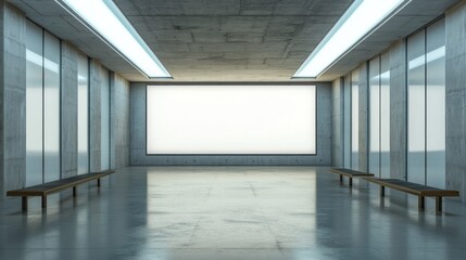 Poster - A large empty room with a white wall and a few benches
