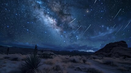 Wall Mural - a starry night sky over a desert landscape with multiple shooting stars.