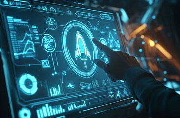 A person's hand touches a large, sleek screen displaying a rocket icon and complex data, creating a futuristic control room feel at night