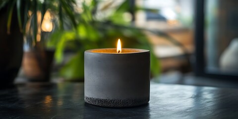 Canvas Print - Lit candle in a grey concrete holder on a dark surface.  A blurred background shows plants and window.