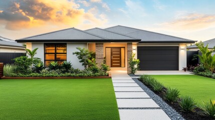 Poster - A large house with a white roof and a black garage door