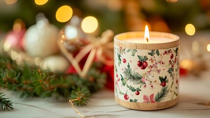 Canvas Print - Festive candle with winter floral design, lit and surrounded by Christmas ornaments and pine.