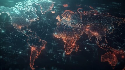 Poster - Abstract Digital Map of World with Geometric Connections and Network Lights Representing Global Connectivity and Data Flow in a Modern Technology Concept