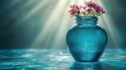 Wall Mural - Teal glass vase with pink flowers illuminated by light beams.