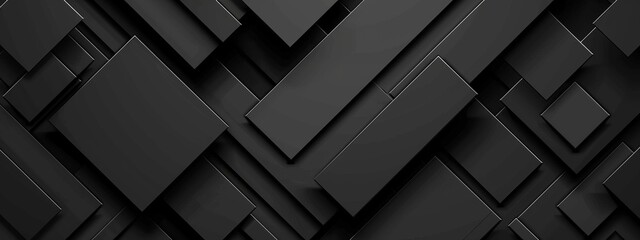 Poster - Black Background with Intersecting Rectangles and Squares, Banner Template with White Space for Text. Minimalist Geometric Wallpaper with Copy Space on Black Background. Modern Wallpaper.