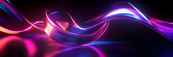 Poster - 3d render. Abstract background of neon ribbon. Fluorescent ines glowing in the dark room with floor reflection. Fantastic panoramic wallpaper. Digital data transfer. Energy concept