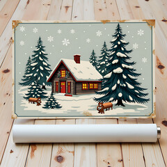 Wall Mural - Charming winter retreat  cozy cabin surrounded by snowy trees and wildlife, digital art of illustration concept.