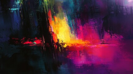 Poster - A painting of a cityscape with a bright yellow line in the middle
