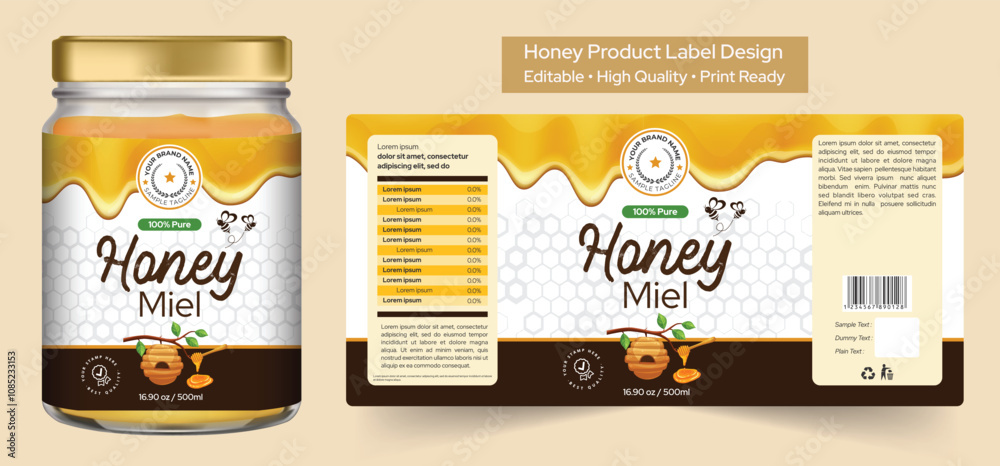 Honey label design, Honey jar product packaging design with honey comb ...