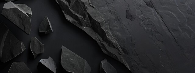 Poster - Geometric shapes on dark background with copy space for design. Ideal for modern banner templates, abstract dark geometric pattern wallpaper, simple dark textured background.